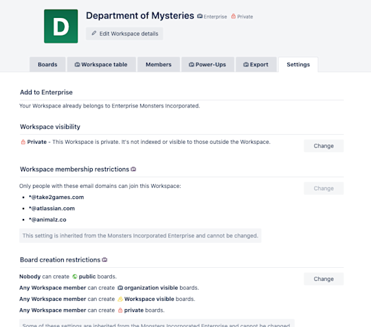 A view of a Settings screen for a Trello Workspace