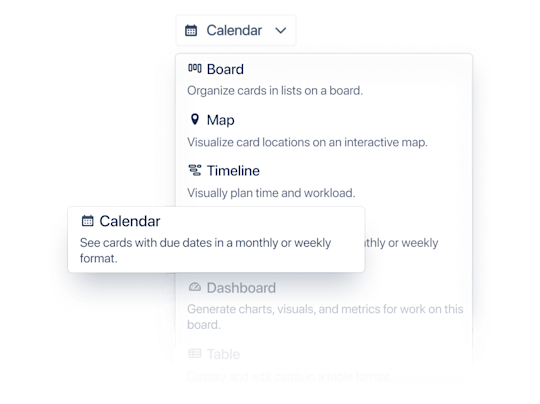 screenshot of Calendar view selected on a Trello board